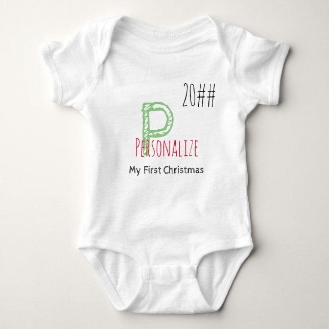 First Christmas Green Red Editable Monogram Baby Baby Bodysuit (Front)