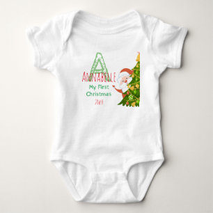First Christmas Green Red Editable Monogram Baby Bodysuit