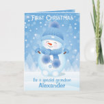 First Christmas | Greeting Card Grandson<br><div class="desc">Send out this beautiful card in blue and white colours with cute baby snowman to congratulate your grandson with First Christmas. You can personalise the name on the front page and change wording to your own text inside of the card by clicking "PERSONALIZE" option. Thank you for visiting my shop...</div>