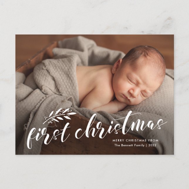 First Christmas Handwritten Baby Photo Holiday Car Postcard (Front)