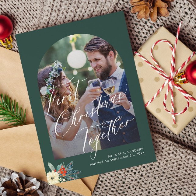 First Christmas handwritten script wedding photo Holiday Card (Creator Uploaded)
