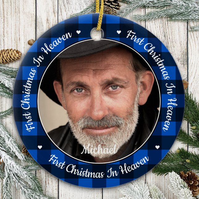 First Christmas Heaven Blue Plaid Photo Memorial Ceramic Ornament (Creator Uploaded)