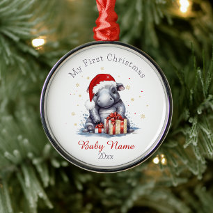First Christmas Hippopotamus Custom Name Keepsake Metal Ornament