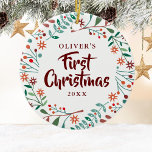 First Christmas Holiday Floral Baby Photo Ceramic Ornament<br><div class="desc">The perfect way to celebrate your new baby's first Christmas is with this holiday baby photo ornament. Designed by Thisisnotme©</div>