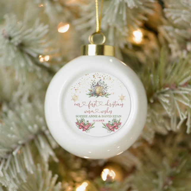 First Christmas Holiday Pine Bow Lantern Wedding Ceramic Ball Christmas Ornament (Tree)