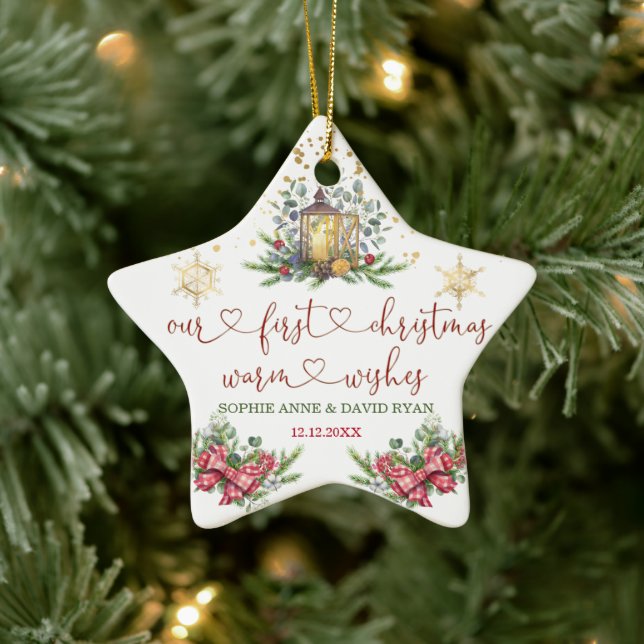First Christmas Holiday Pine Bow Lantern Wedding Ceramic Ornament (Tree)