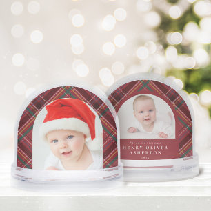 First Christmas holiday plaid two photo snow globe