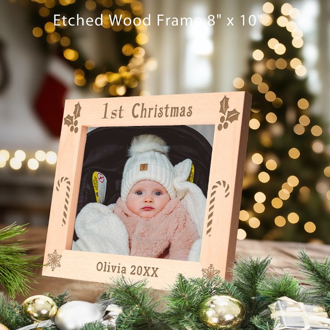 First Christmas Holly, Candy Canes, Show Name 10x8 Etched Frames (Our First Christmas Santa & Deer Couple Name 10x8 Etched Frames)