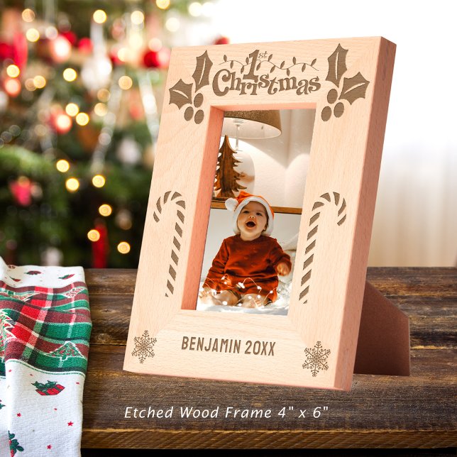 First Christmas Holly, Candy Canes, Show Name 4x6 Etched Frames (First Christmas Holly, Candy Canes, Show Name 4x6 Etched Frames)