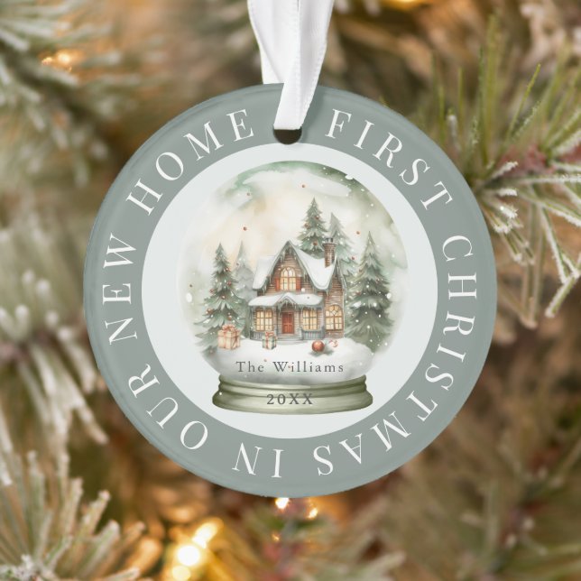 First Christmas Home Snow Globe Sage Green Photo Ornament (Tree)