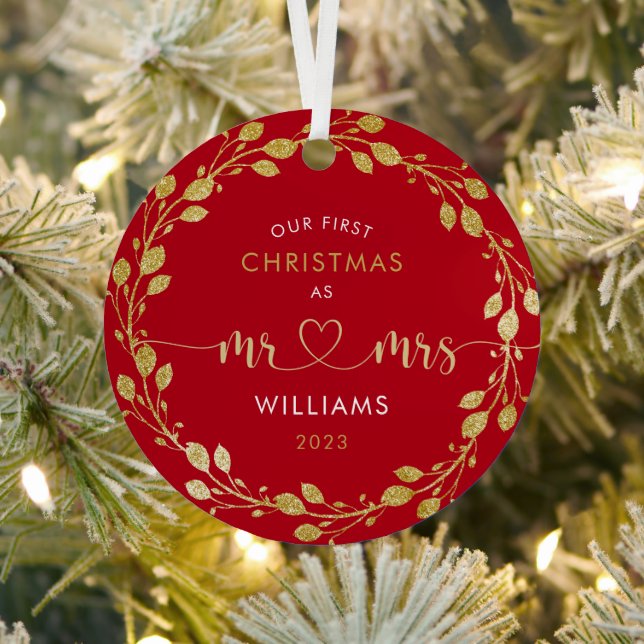 First Christmas Husband and Wife Gold Wreath Photo Metal Tree Decoration (Insitu)