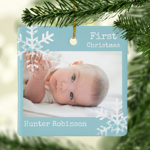 First Christmas Ice Blue Custom Photo Snowflakes Ceramic Ornament