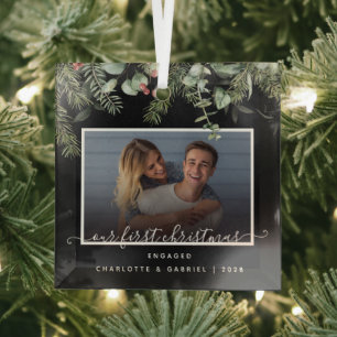 First Christmas in  Engaged Greenery Photo  Glass Tree Decoration