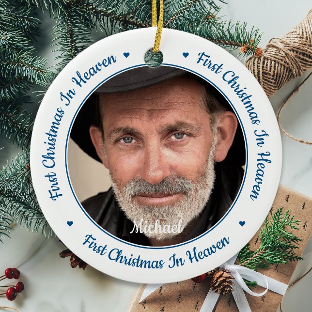 First Christmas In Heaven Custom 2 Photo Memorial Ceramic Ornament (Creator Uploaded)
