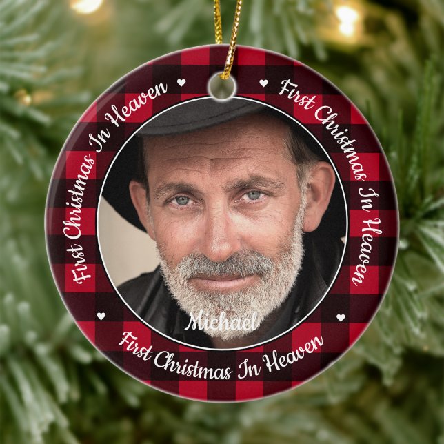 First Christmas In Heaven Red Plaid Photo Memorial Ceramic Ornament (Creator Uploaded)