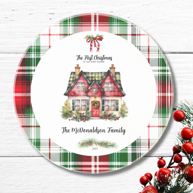 First Christmas In Home Family Farmhouse Chic Red  Coaster (First Christmas In New Home House Country Rustic Watercolor Custom name coaster plaid checked green)