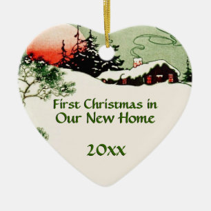 First Christmas in New Home Country Cabin Heart Ceramic Ornament