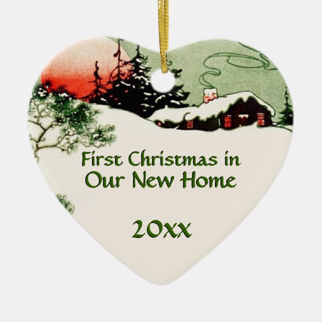 First Christmas in New Home | Country Cabin Heart Ceramic Ornament (Front)