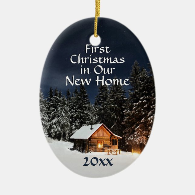 First Christmas in New Home Country Rustic Cabin Ceramic Ornament (Front)