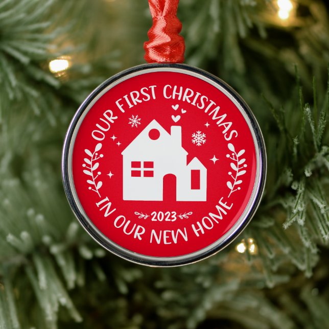 First Christmas In New Home Personalised Red Metal Ornament (Tree)