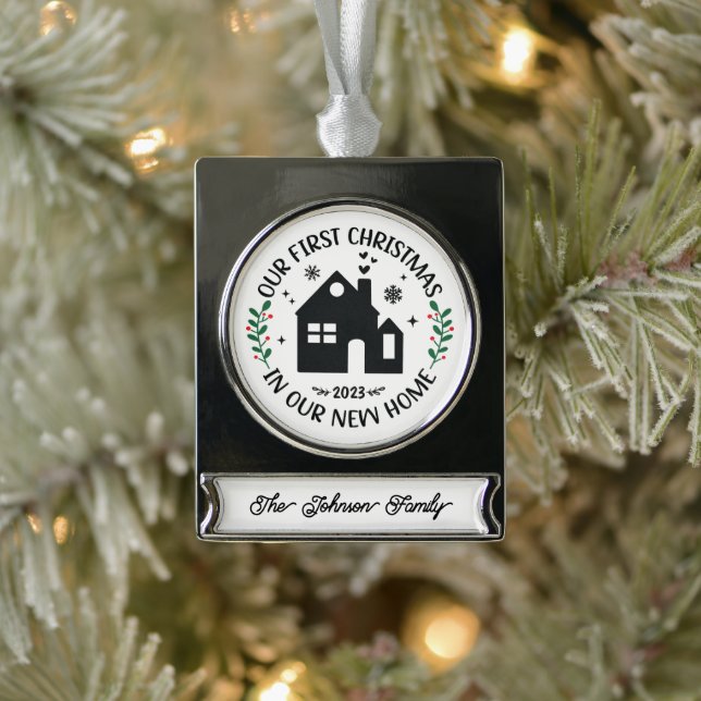 First Christmas In New Home Personalised Silver Plated Banner Ornament (Tree)