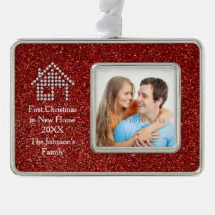 First Christmas in New Home   Red Glitter   Photo Silver Plated Framed Ornament