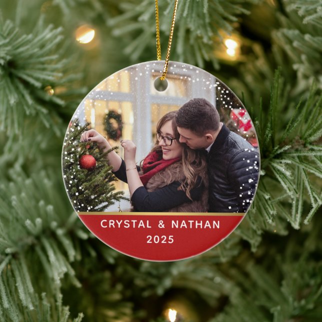 First Christmas in New Home Red Personalized Photo Ceramic Ornament (Tree)