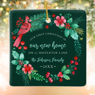 First Christmas in New Home Watercolor Wreath Ceramic Ornament