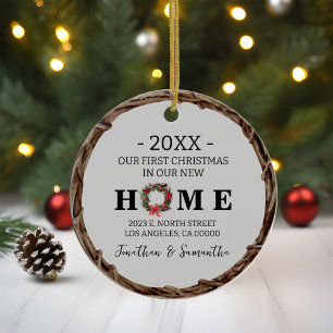 First Christmas in New Home Wreath with Photo Ceramic Ornament
