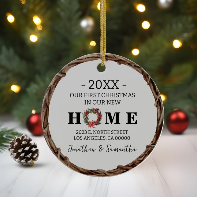 First Christmas in New Home Wreath with Photo Ceramic Ornament (First Christmas in New Home Wreath with Photo Ceramic Ornament)