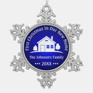 First Christmas In Our New Home 20XX Blue Snowflake Pewter Christmas Ornament