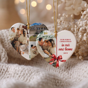 First Christmas in Our New Home 4 Photo Red Bow Ceramic Ornament