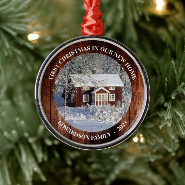 First Christmas in our new Home barn wood photo Metal Ornament (Tree)