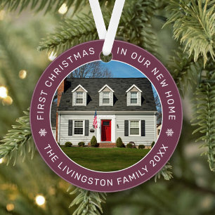 First Christmas in Our New Home Burgundy Photo Ornament