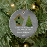 First Christmas in our new Home chalkboard Ceramic Tree Decoration<br><div class="desc">The first Christmas in our new Home,  chalkboard,  Ornament. Cute birdhouse house and christmas tree on chalkboard background.
Beautiful ornament to decorate you christmas tree.</div>