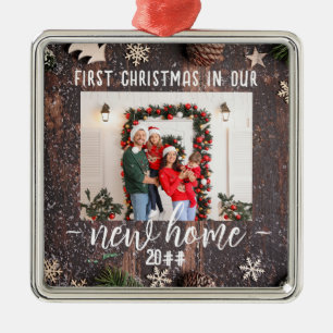 First Christmas In Our New Home Chic Photo Metal Ornament