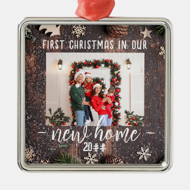 First Christmas In Our New Home Chic Photo Metal Ornament (Front)