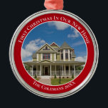 First Christmas in Our New Home Custom House Photo Metal Ornament<br><div class="desc">This beautiful custom new home Christmas ornament is personalised with your own house photograph in the centre of a pretty red circle with white text. Contemporary holiday present and housewarming gift.  First Christmas in Our New Home.</div>