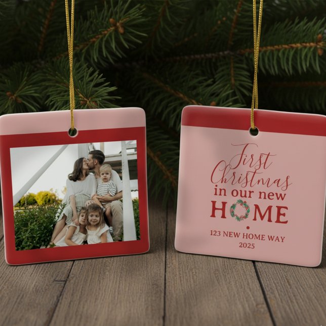 First Christmas In Our New Home Family Photo Ceramic Ornament (Celebrate the holiday season with this First Christmas In Our New Home Family Photo Ceramic Ornament)