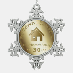 First Christmas In Our New Home Golden Snowflake Pewter Christmas Ornament