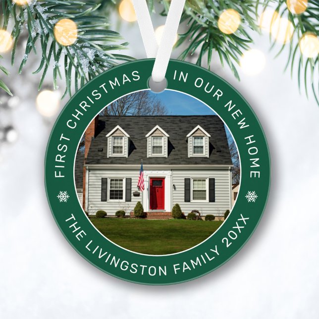 First Christmas in Our New Home Green Custom Photo Ornament (Creator Uploaded)