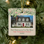 First Christmas in Our New Home Greenery Photo Ceramic Ornament<br><div class="desc">This beautiful holiday keepsake ornament features a photo of your new home with custom "First Christmas in Our New Home" script text, your family name, and the year the home was purchased. Design features modern watercolor winter greenery branches with green leaves and red berries. The neutral beige background color can...</div>