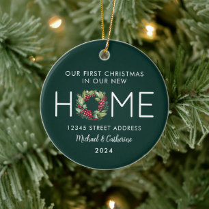 First Christmas in our New Home Greenery Wreath Ceramic Ornament