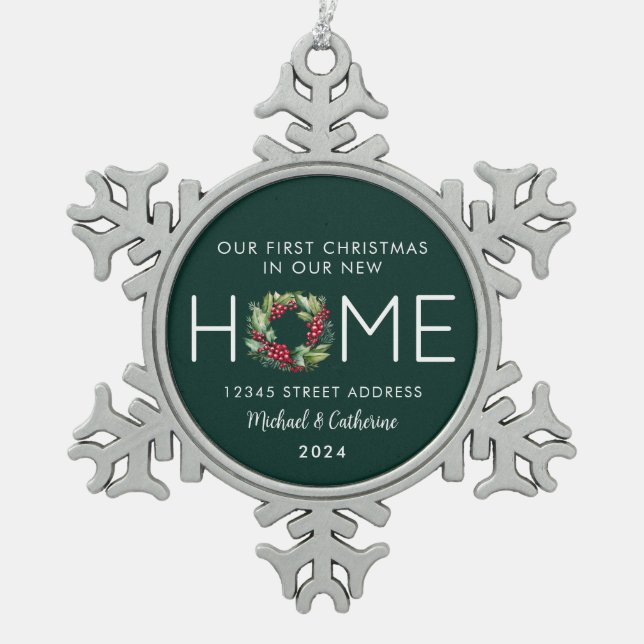 First Christmas in our New Home Greenery Wreath Snowflake Pewter Christmas Ornament (Front)