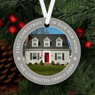 First Christmas in Our New Home Grey Custom Photo Ornament