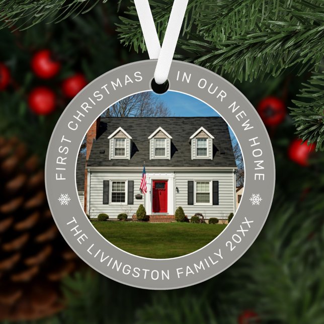 First Christmas in Our New Home Grey Custom Photo Ornament (Creator Uploaded)