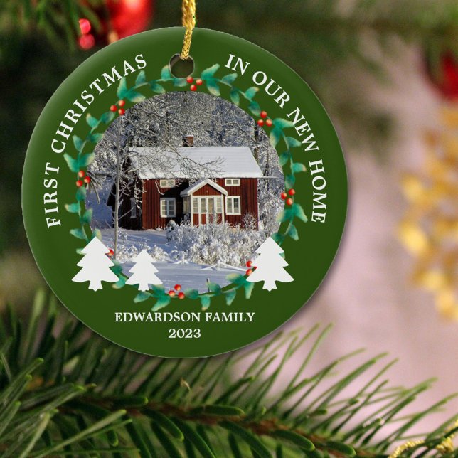 First Christmas in our new Home house photo Ceramic Ornament (First Christmas in our new home, photo ornament. Watercolor greenery, berries.)