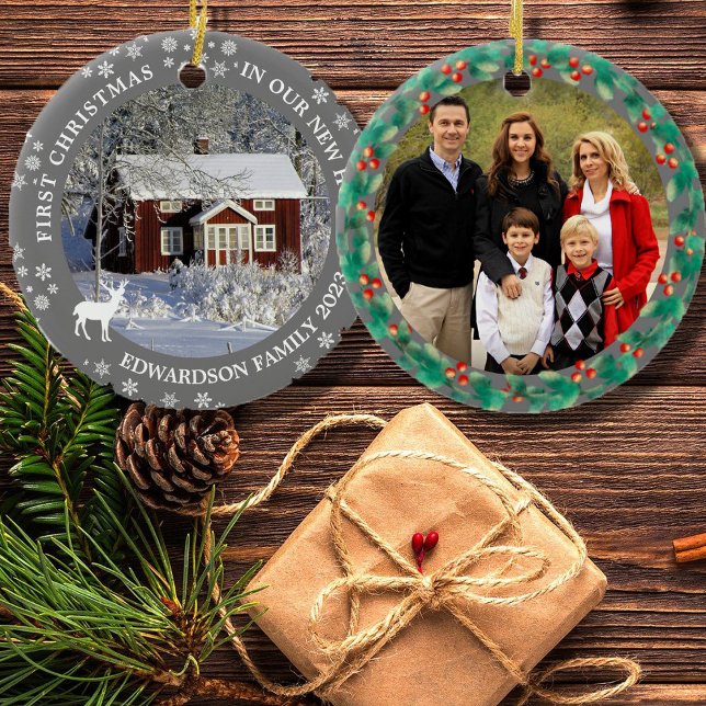 First Christmas in our new Home house photo Ceramic Ornament (First Christmas in our new home ornament. Add your own photos, text and year to personalize.)