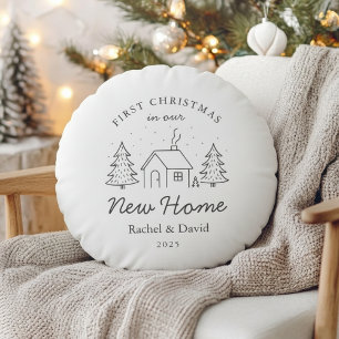 First Christmas in Our New Home   Minimal Line Art Round Cushion