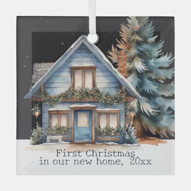 First Christmas in our new home personalised  Glass Tree Decoration (Front)